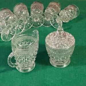 Vintage Cut Glass Drinkware Set - 6 Goblets, Creamer, and Covered Sugar Bowl